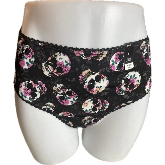 Torrid +4 Black Floral Skull Scallop Lace Waistband Caged Back Hipster Panties - Picture 2 of 5
